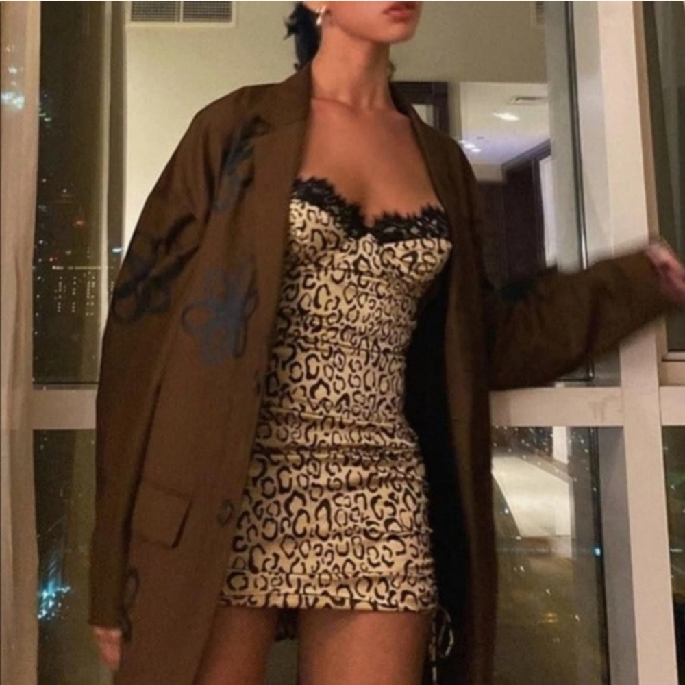 LOVE & LEMONS Frankie mini slip sexy dress lace animal leopard xs